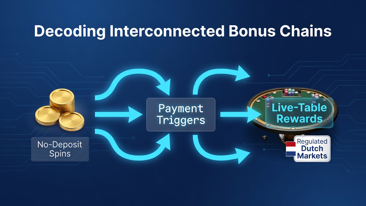 Illustratie van verbonden bonusketens die no-deposit spins linken aan live rewards in Nederlandse casinos