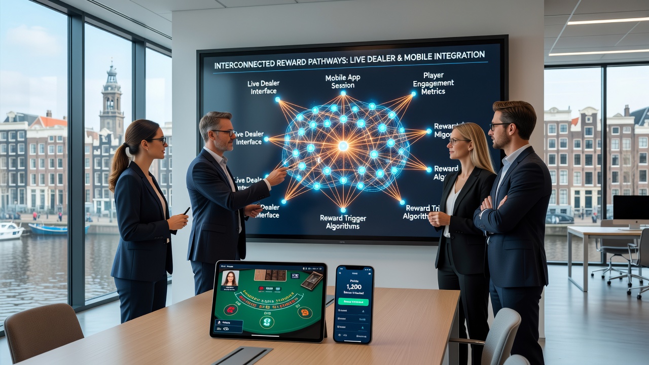 Mobiele interface die beloningsroutes toont tussen live dealer en app-omgevingen