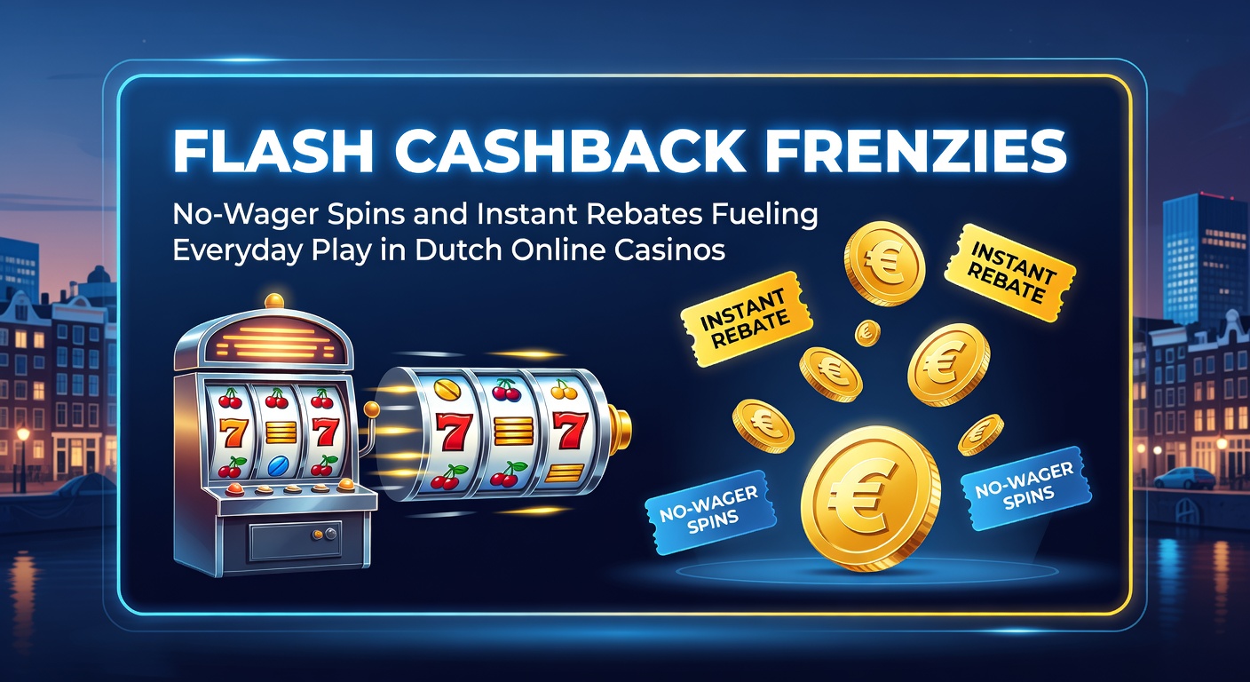 Schermafbeelding van een flitsende cashback promotie met no-wager spins in een Nederlands online casino, inclusief draaiende wielen en directe rebate-meldingen