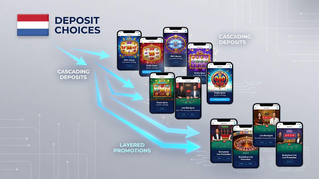 Mobiele app interface met stortingsopties die leiden tot gelaagde promoties voor slots en live casino's in Nederland
