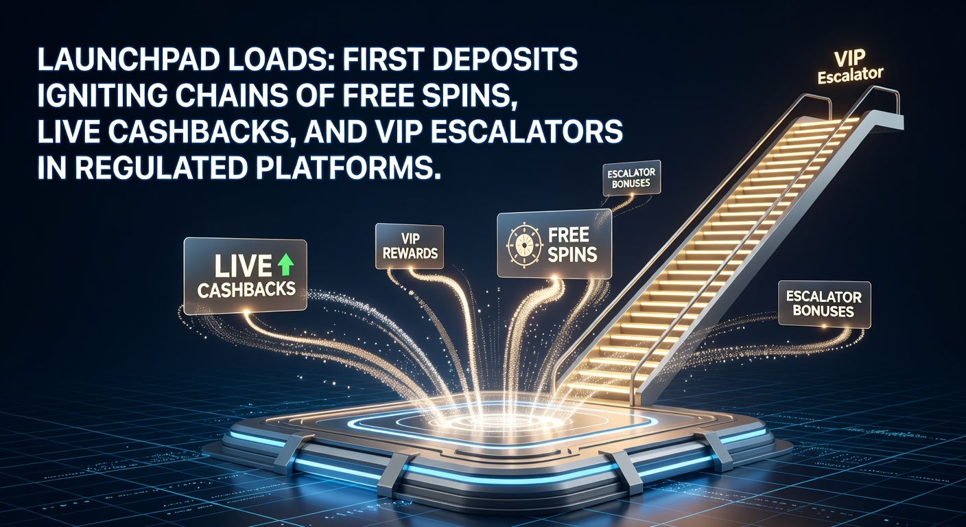 Grafische weergave van een eerste deposit die een kettingreactie van bonussen ontketent, met free spins, cashbacks en VIP-niveaus in een online casino-omgeving