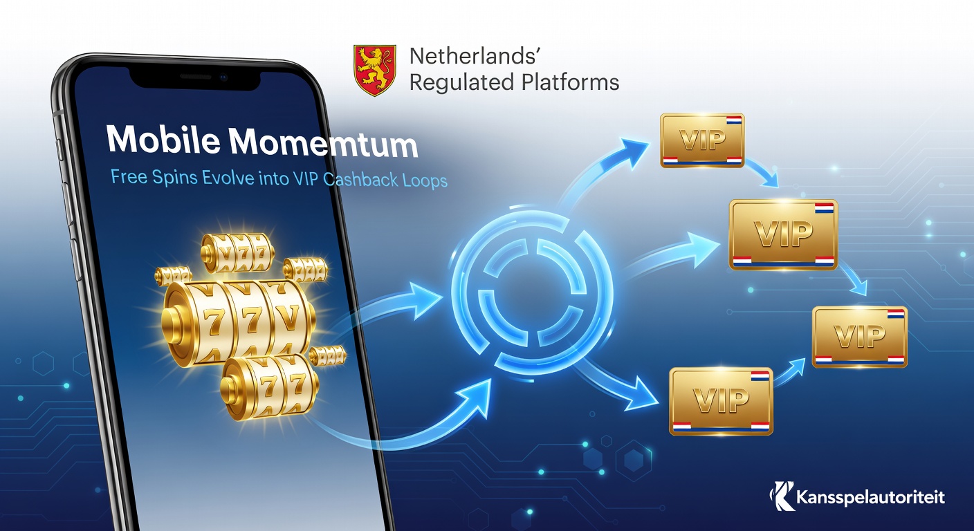Smartphone met draaiende free spins en opkomende VIP cashback iconen op een Nederlands casino app