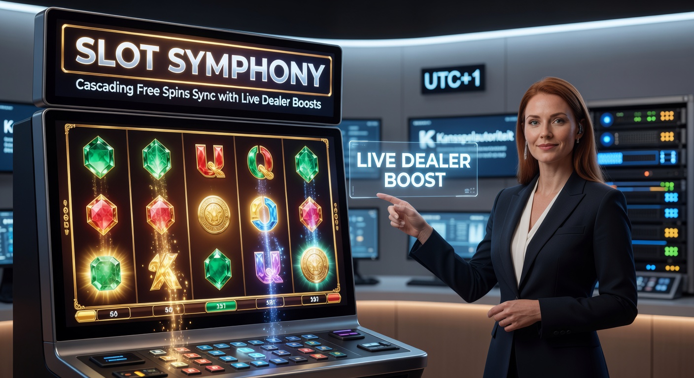 Animatie van cascaderende symbolen in een slotspel die free spins activeren, gesynchroniseerd met live dealer boosts op een Nederlands casino platform