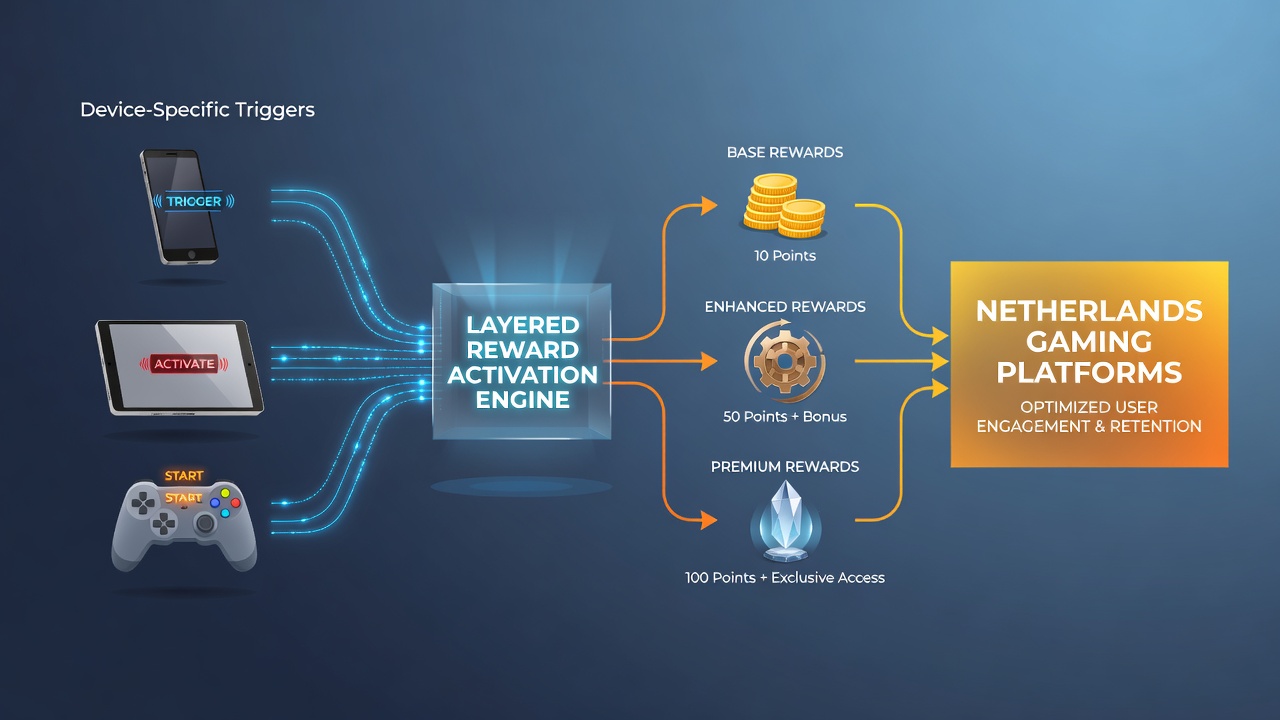 Diagram van gelaagde beloningsactivatie gekoppeld aan mobiele en desktop triggers in Nederlandse casinos